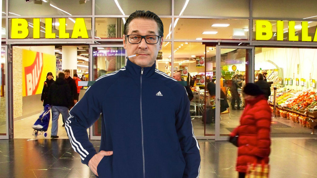 Strache im Trainingsanzug vor dem Billa