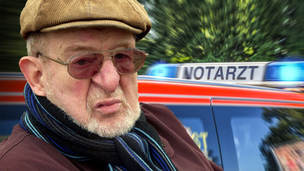 Alter Mann neben Notarzt-Auto