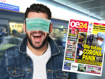 Mann trägt Grippemaske über den Augen