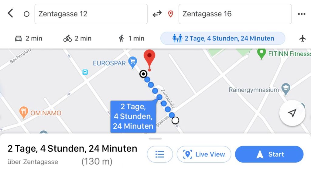 Kurzer Weg, der 2 Tage dauert