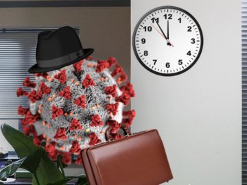 Coronavirus mit Hut und Koffer verlässt Büro