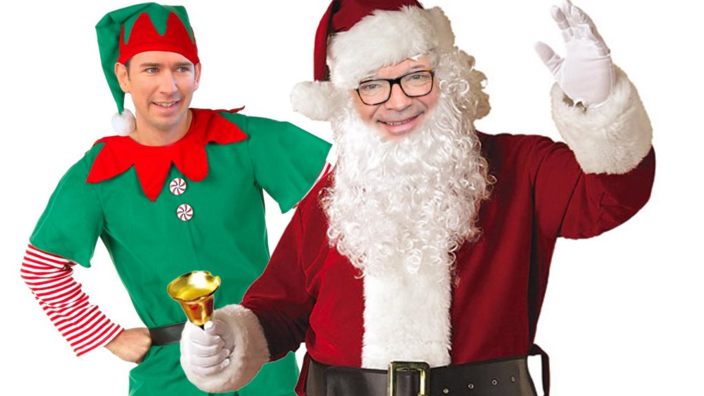 Anschober als Santa Claus, dahinter Kurz als Weihnachtself