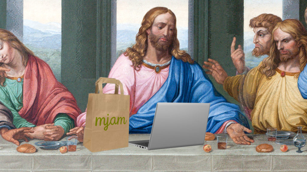 Jesus beim letzten Abendmahl mit Laptop und Mjam-Tasche