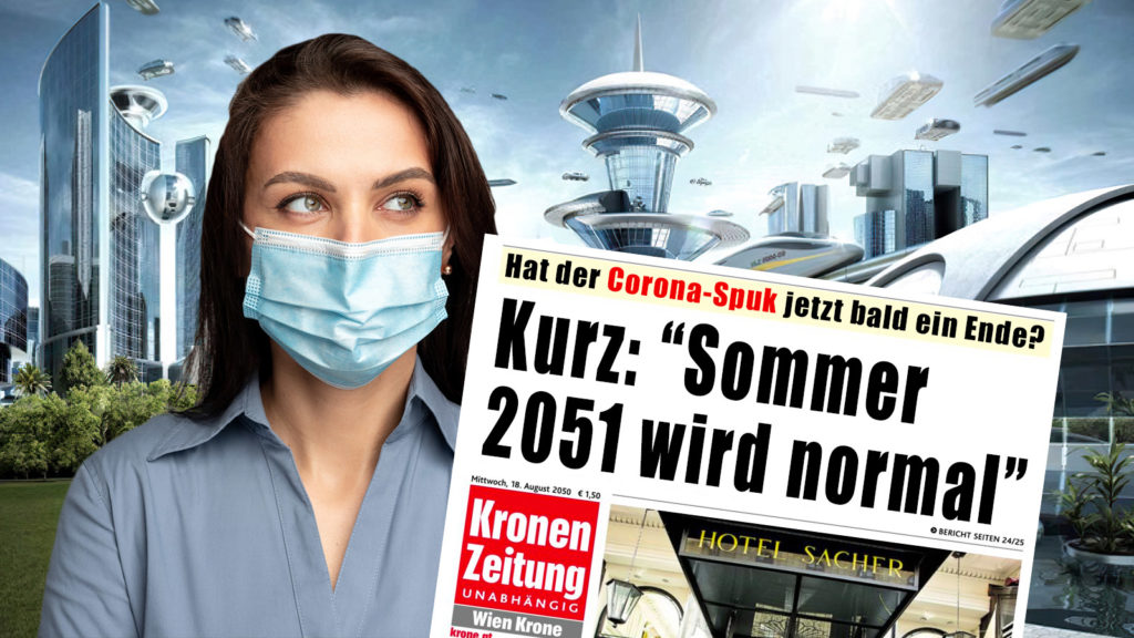 Futuristische Landschaft, davor Frau mit Maske