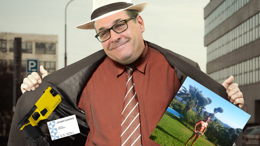 Strache mit offener Jacke bietet Waren an
