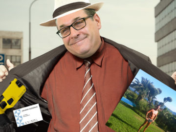 Strache mit offener Jacke bietet Waren an