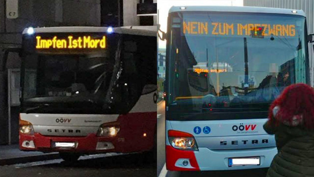 Busse mit Impfgegner-Botschaften
