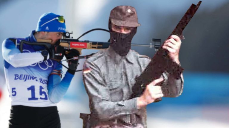 Ein junger Heinz Christian Strache steht vor einem Biathleten