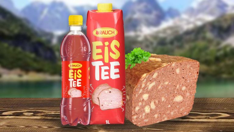 Rauch Eistee Käsleberkäs vor einer Berglandschaft