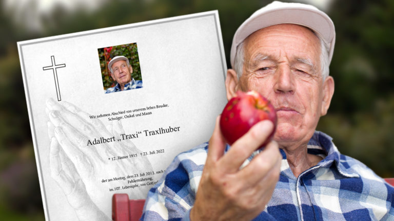 Ein alter Mann ist einen Apfel, im Hintergrund eine Todesmeldung