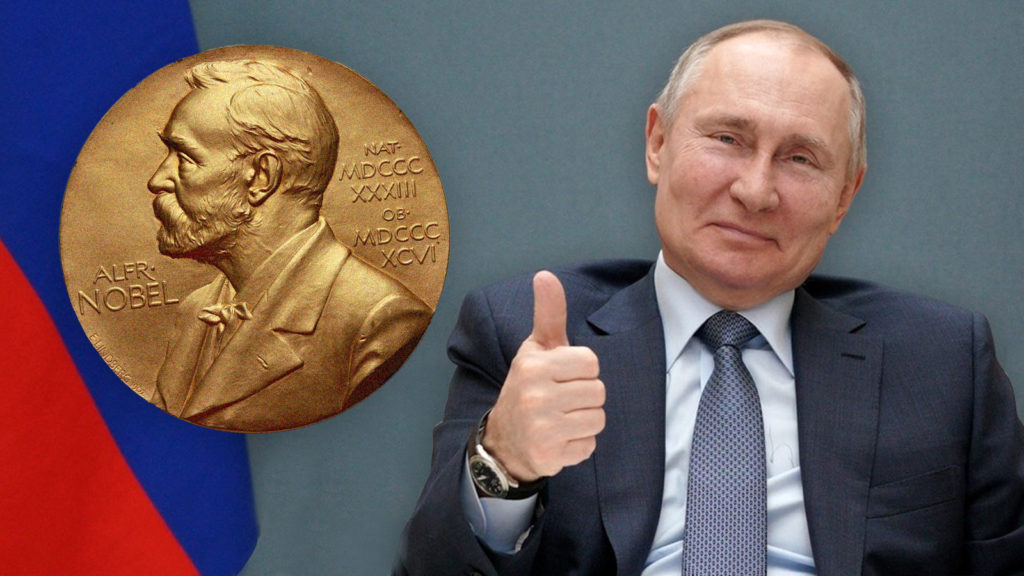 Putin gibt einen Daumen hoch, daneben eine Nobel Medaille