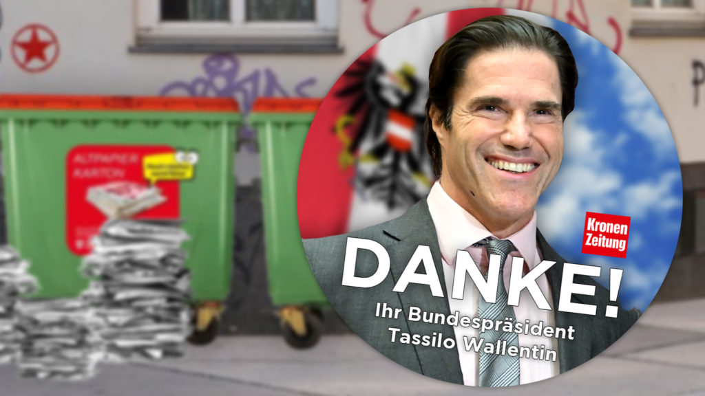 Papiermülltonnen und ein Danke Sticker von Bundespräsident Tassilo Wallentin