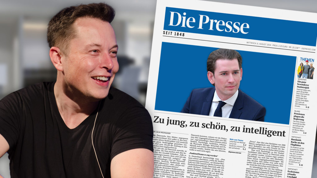 Elon Musk, daneben eine Presse mit Kurz am Titelblatt