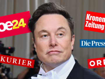 Elon Musk umgeben von Logos österreichischer Medien