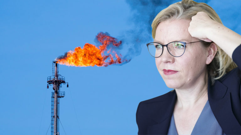 Gewessler schaut besorgt auf Gasflamme