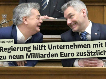 Kogler und Nehammer lächeln sich an, dazu Schlagzeile über Energiekostenzuschuss