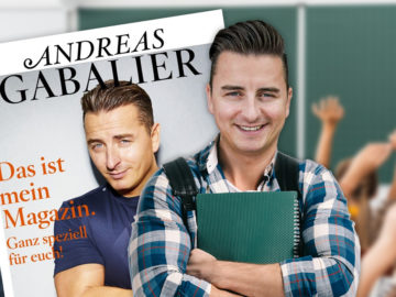 Gabalier mit Rucksack und Textbuch im Unterricht