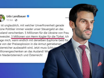 Udo Landbauer, hinter ihm sein empathieloses Posting über Erdbebenopfer