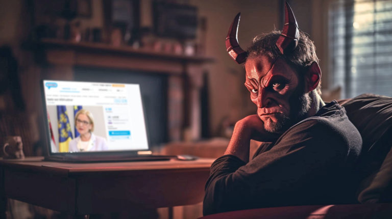 Satan sitzt vor Laptop mit Willhaben offen