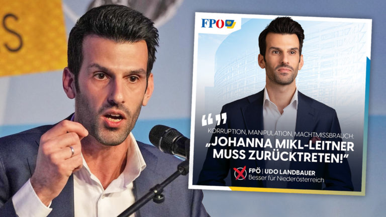 Wütender Udo Landbauer neben seinem eigenen Plakat