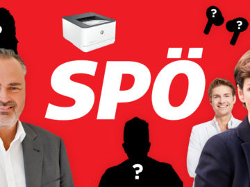 SPÖ Logo daneben Shilouetten und Rendi Wagner, Doskozil und Jeremy Fragrance