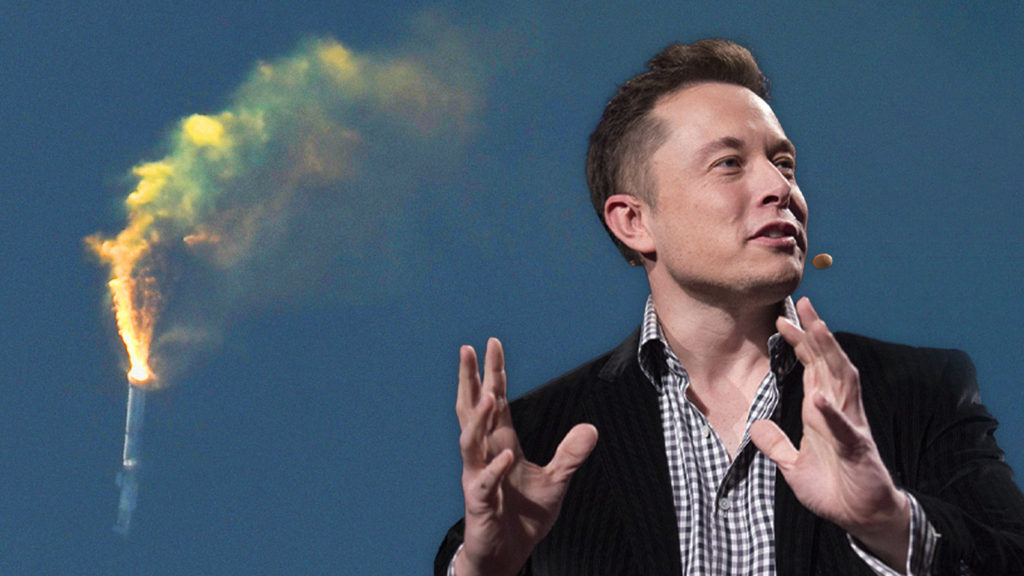 Spacex Rakete beim Absturz, daneben Musk