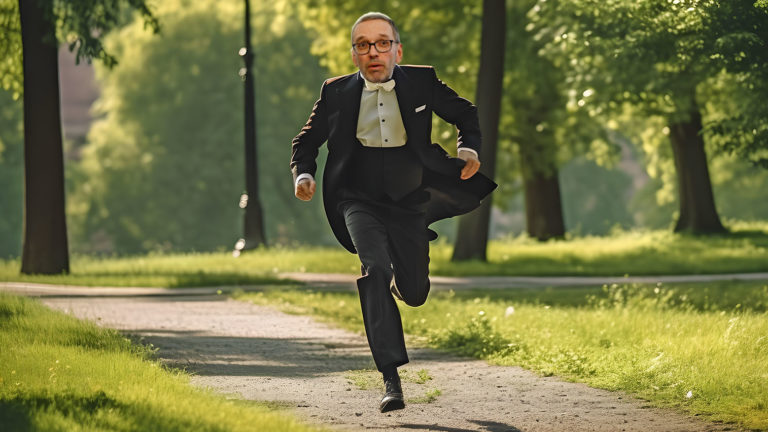 Kickl läuft im Frack durch einen Park