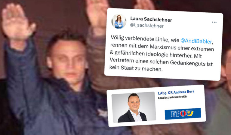 Landtagsabgeordetner Andreas Bors zeigt den Hitlergruß, daneben eine Kritik von der ÖVP an Andi Babler
