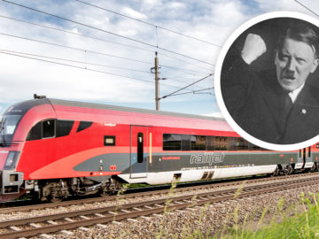 Ein Zug, daneben Hitler hält eine Rede