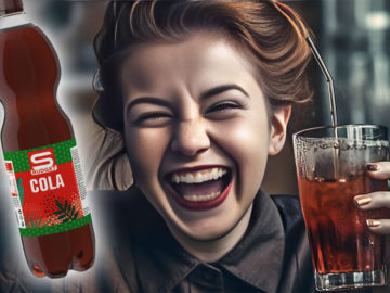 Manisch lachende Frau mit Cola in der Hand
