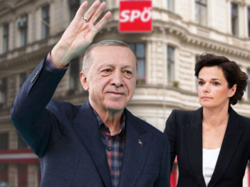 Erdogan neben Rendi-Wagner vor der SPÖ-Zentrale