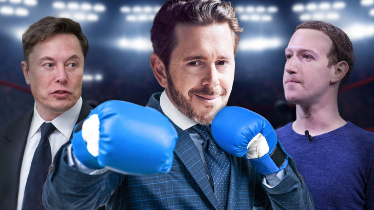 Ein eingeschüchtert schauender Elon Musk und Mark Zuckerberg neben Harald Mahrer in Box Handschuhen