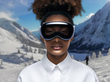 Eine Frau mit VR-Brille auf Skipiste
