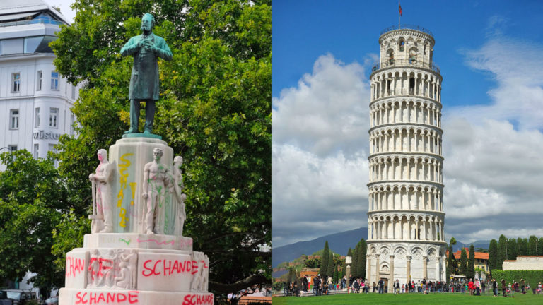 Karl-Lueger-Denkmal, daneben gerade Turm von Pisa