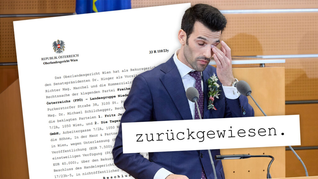Udo Landbauer wischt sich eine träne aus dem Gesicht, im Hintergrund das Gerichtsurteil