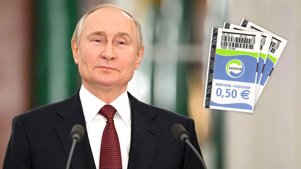 Putin, daneben Sanifair-Gutscheine