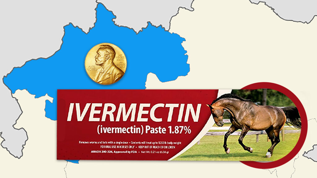 Eine Karte von Oberösterreich, daneben das Pferdeentwurmungsmittel Ivermectin