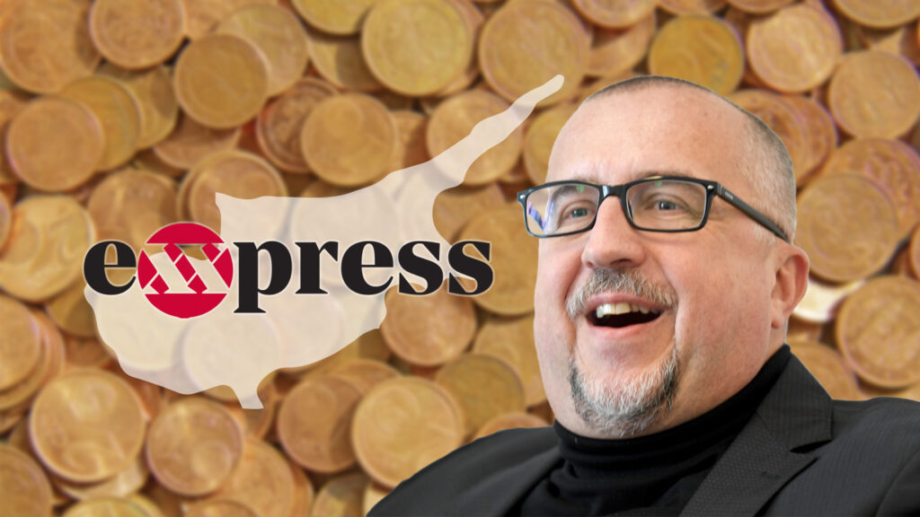 Richard Schmitt, Centmünzen im Hintergrund, Exxpress-Logo auf Zypern-Silhouette