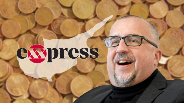 Richard Schmitt, Centmünzen im Hintergrund, Exxpress-Logo auf Zypern-Silhouette