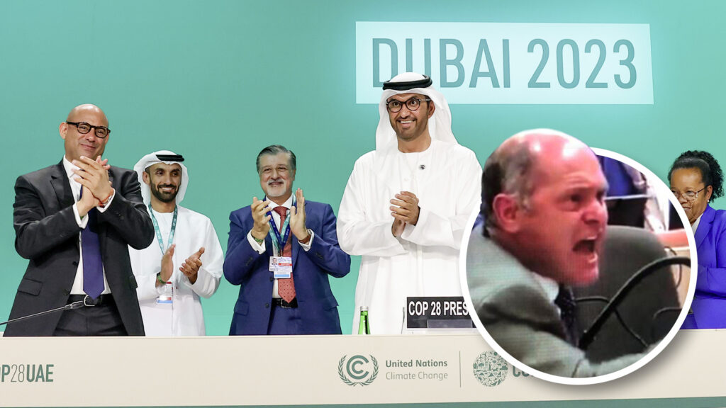 Sultan Ahmed Al Jaber und andere COP28-Abgeordnete applaudieren, Wolfgang Sobotka ist wütend