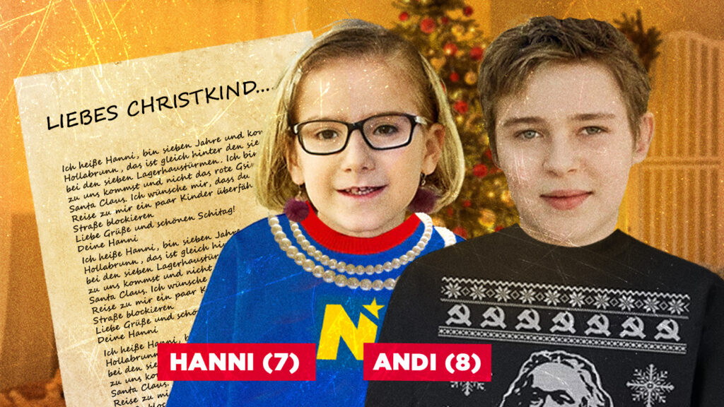 Kinderbilder von Johanna Mikl Leitner und Andreas Babler, daneben ein Brief ans Christkind, im Hintergrund ein Weihnachtsbaum