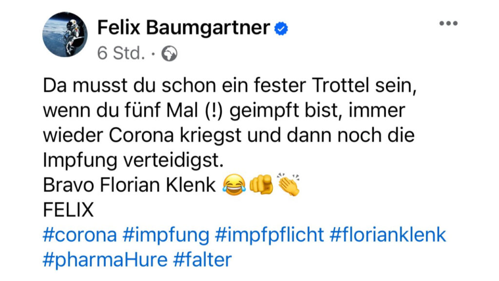 Facebook-Posting von Felix Baumgartner