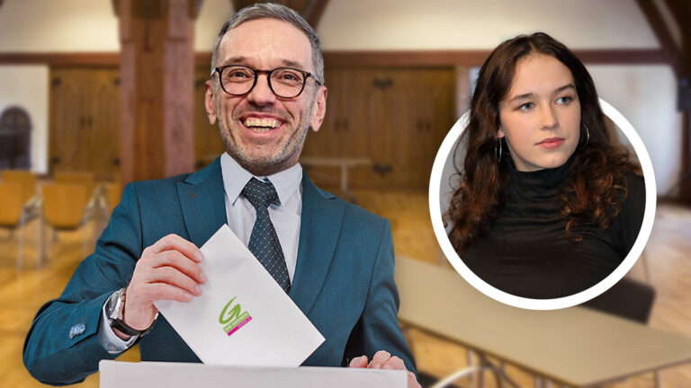 Kickl gibt seine Stimme ab, daneben Lena Schilling