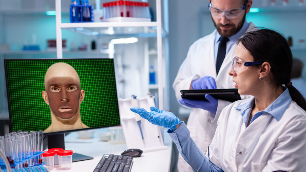 Zwei Forscher betrachten einen 3D Render eines Blackfaces