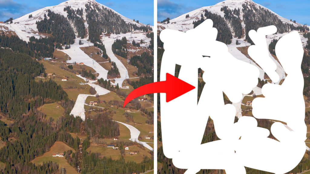 Ein Bild zeigt ein schneeloses Skigebiet, das Bild daneben zeigt das gleiche Bild aber mit einem weißen Pinsel übermalt