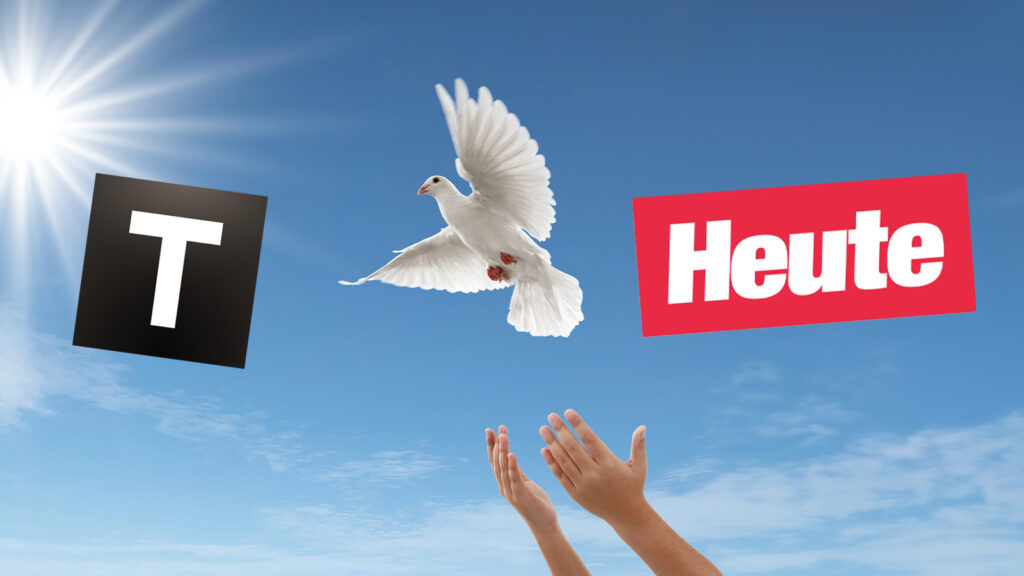 Das Tagespresse und Heute logo neben einer Friedenstaube