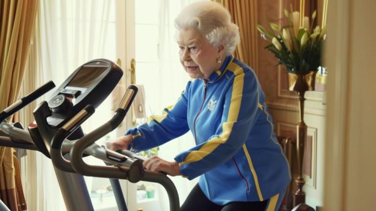 Queen Elizabeth auf einem Hometrainer