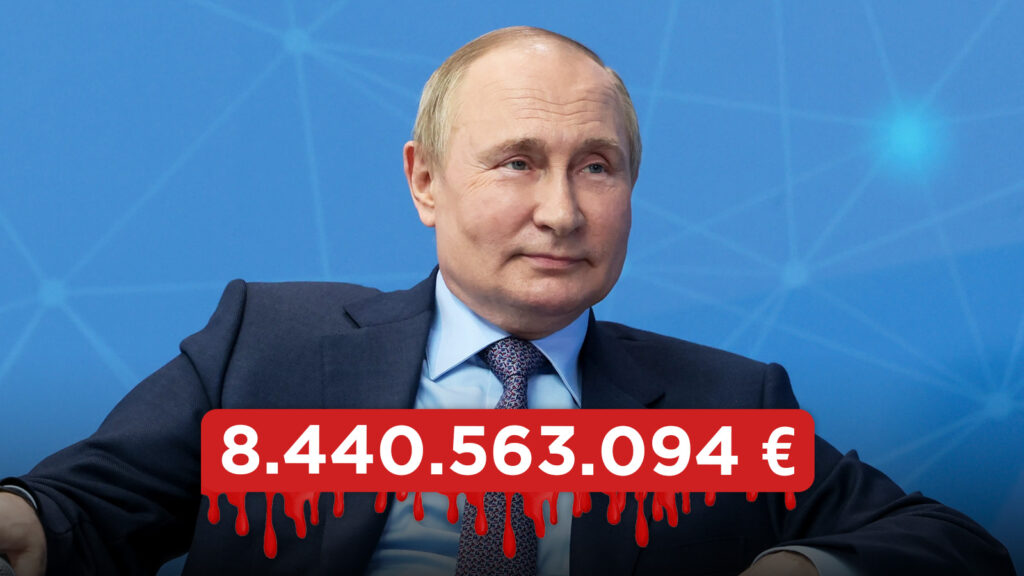 Putin mit Summe von 8,4 Mrd. in blutiger Schrift