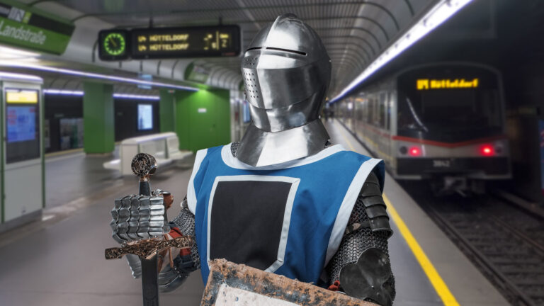 Ein Ritter steht in der U4 Station Landstraße