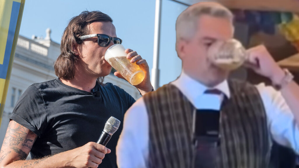 Wlazny und Nehammer trinken nebeneinander Bier